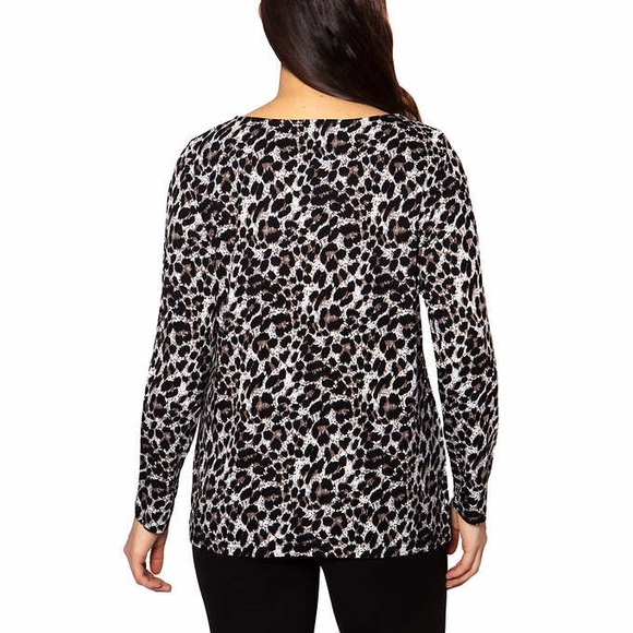 Mario Serrani Crew Neck Long Sleeve Tunic Top Brown Leopard Print Small - Picture 4 of 6